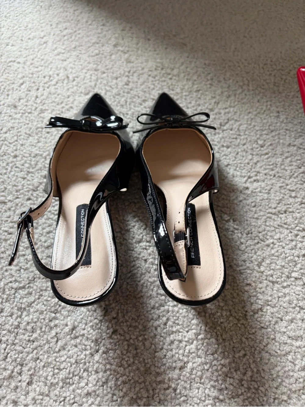 French Connection Black Patent Pointed Toe Slingback Pumps with Bow